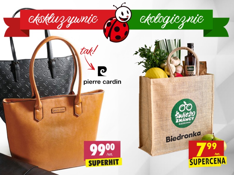 Biedronka - oferta specjalna na odzież i akcesoria, w tym torebki Pierre Cardin, torby zakupowe z juty