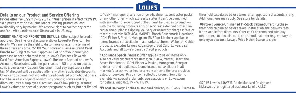 Lowe's Ad from 08/22/2019
