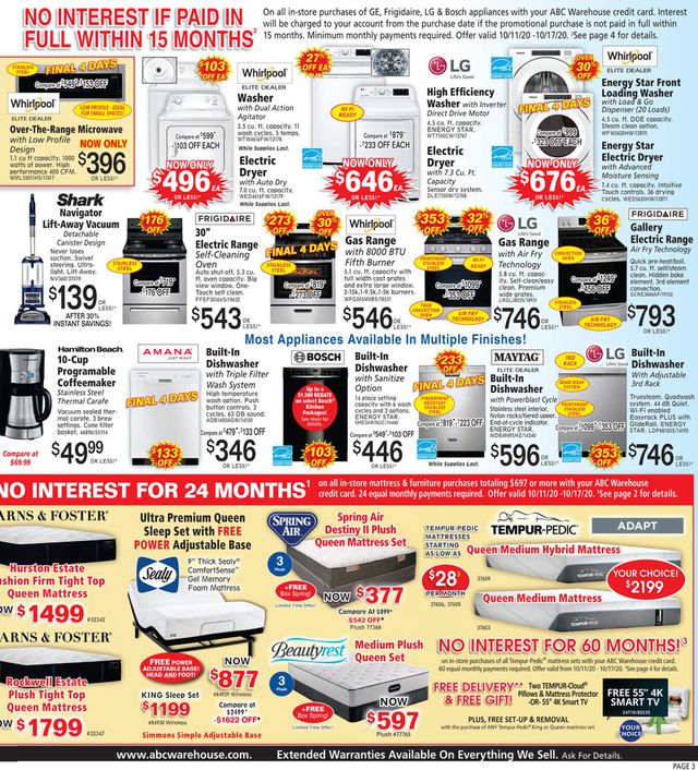 ABC Warehouse Ad from 10/11/2020