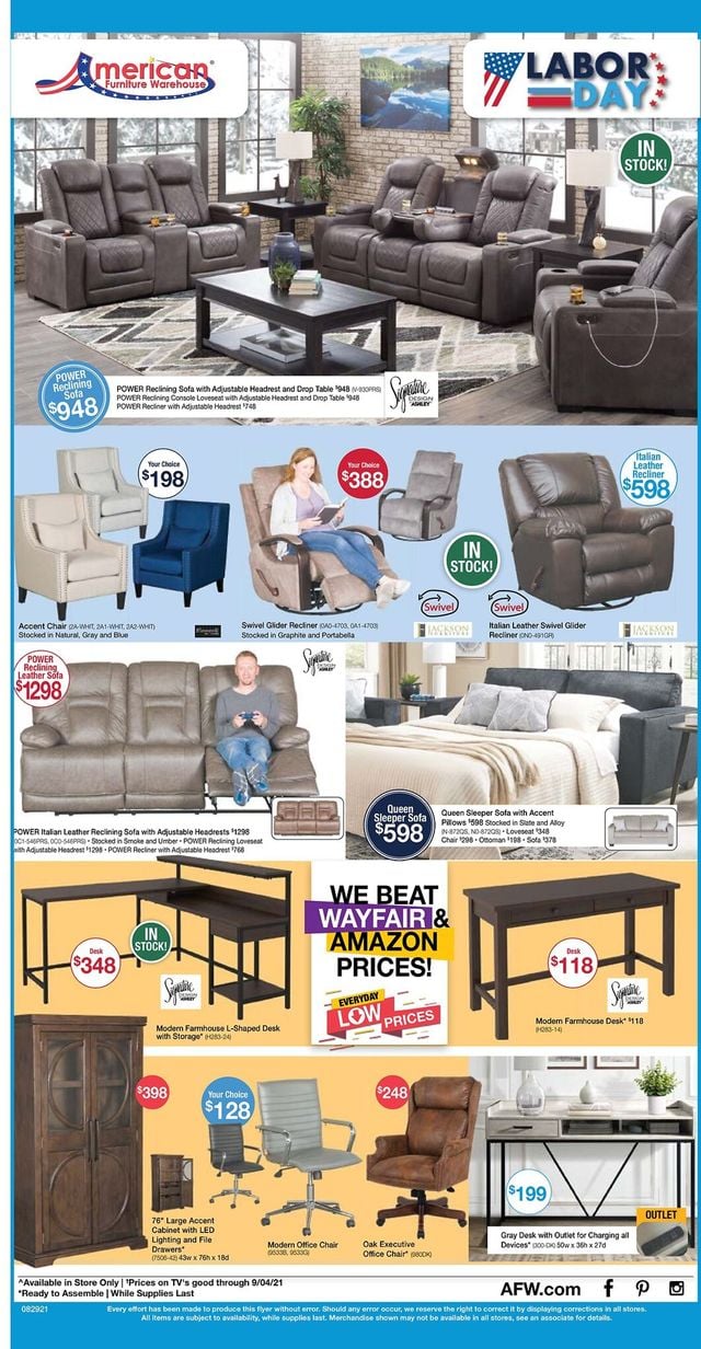 American Furniture Warehouse Ad from 08/30/2021